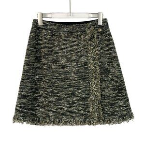 Chanel Tweed A-Line Skirt With Metallic Fringe Detail & Button Accents Womens